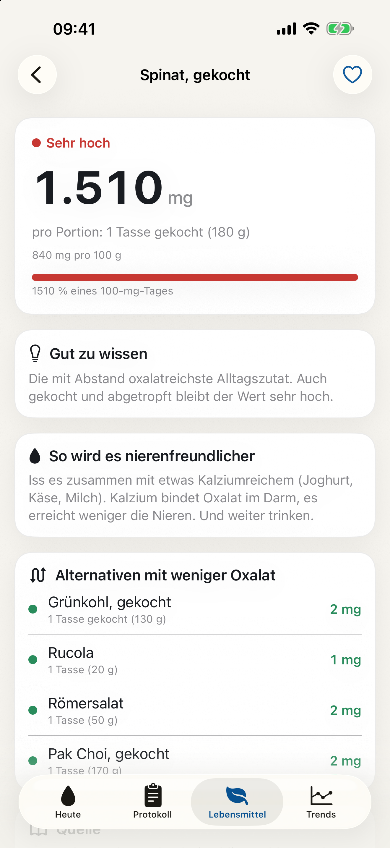 Lebensmitteldetail mit Oxalat pro Portion und Quellenangabe