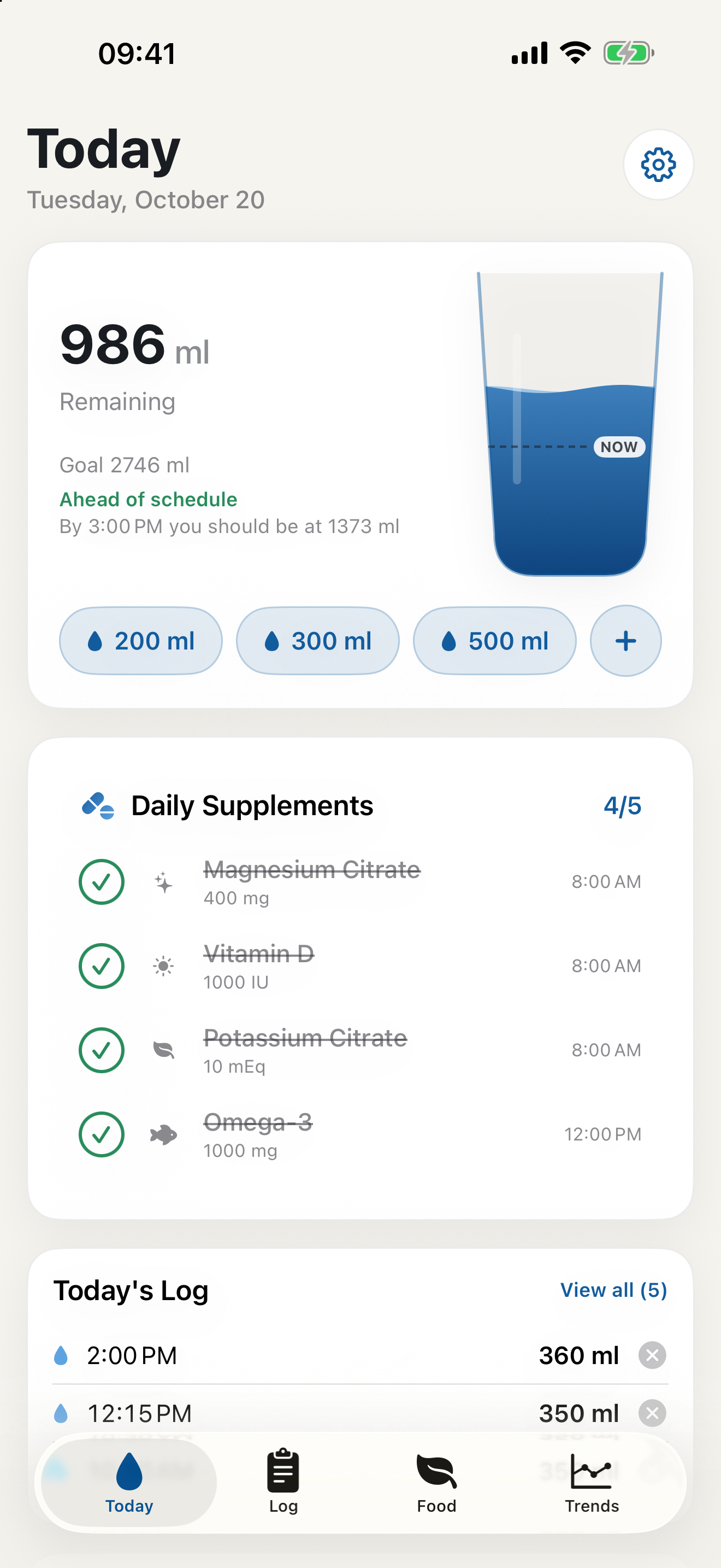 StoneGuard Today with water intake, remaining amount and daily log