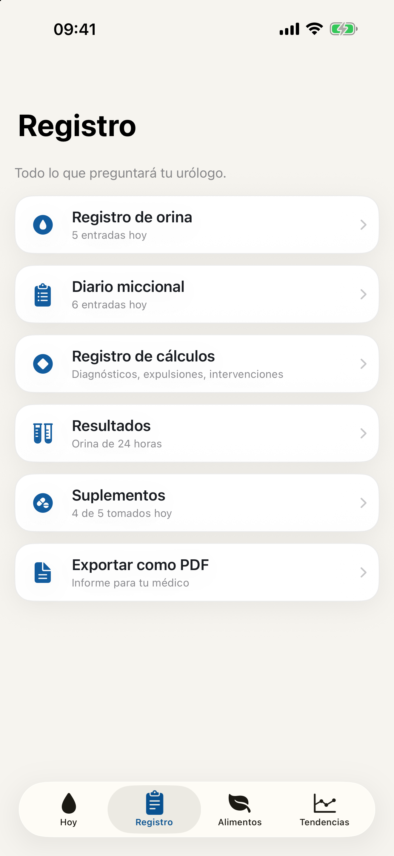 Registro de StoneGuard con orina, micción, cálculos y análisis