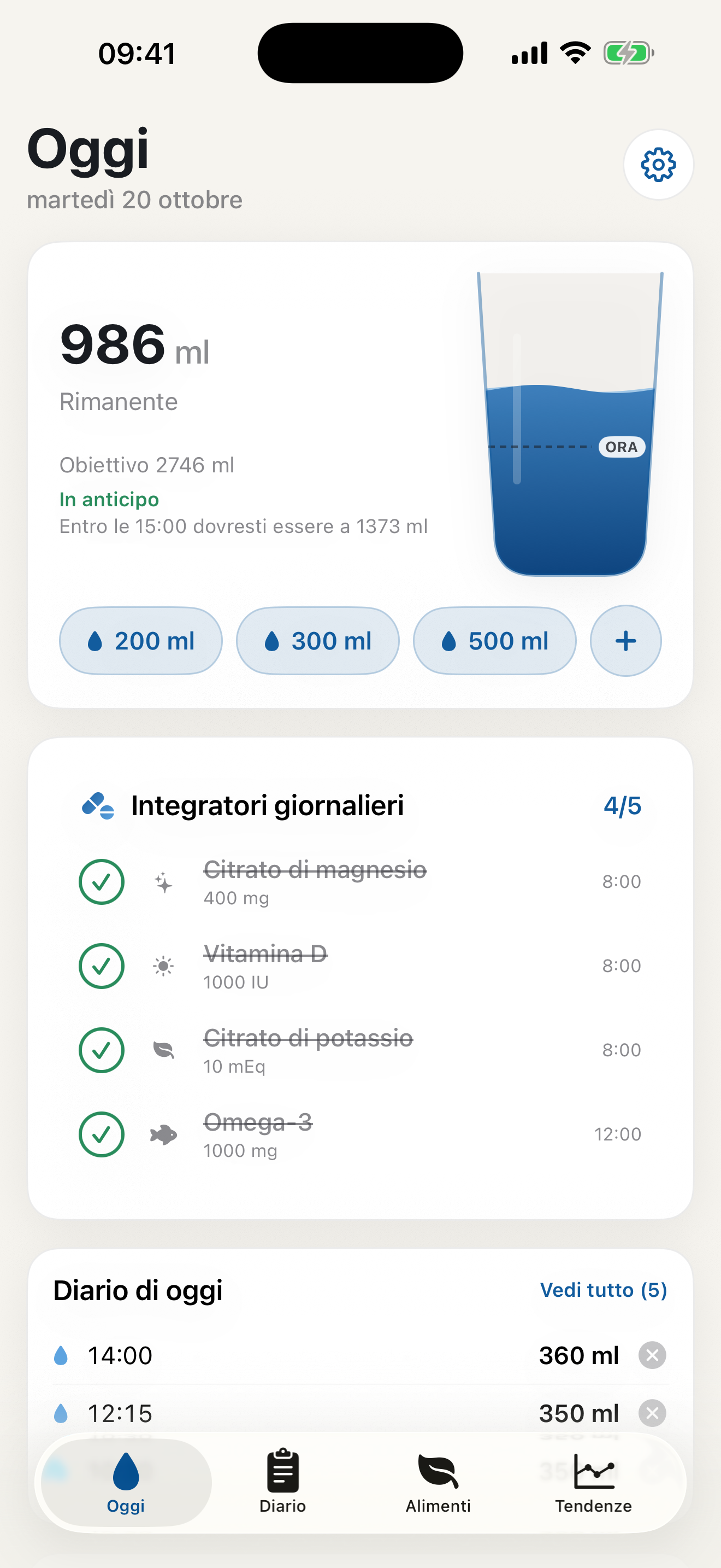 StoneGuard Oggi con acqua assunta, quantità restante e diario