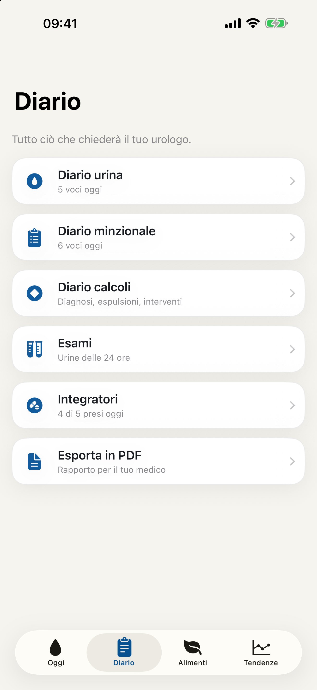 Diario StoneGuard con urine, minzione, eventi ed esami